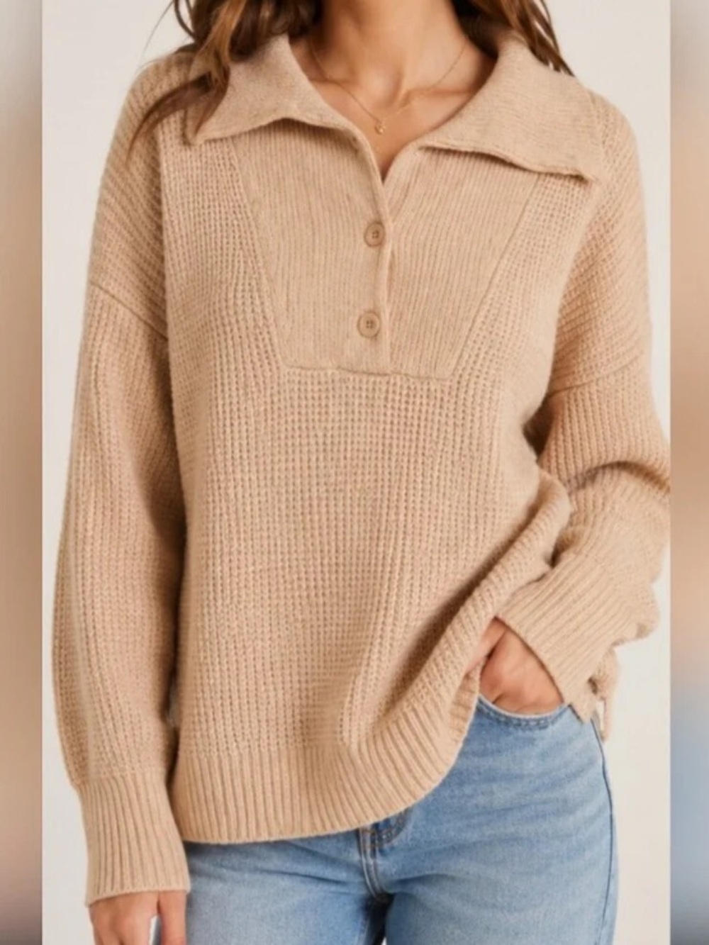Aerie CozyUp Waffle Button Oversized Sweater, Size Medium